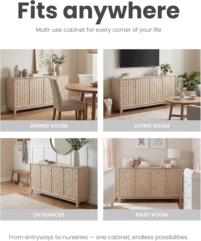 MALOL Sideboard Buffet Cabinet with Storage, Modern 4-Door Buffet Table with 3D Checkerboard Doors & Solid Wood Legs, Large Coffee Bar Cabinet for Dining Room, Living Room, Entryway, Oak