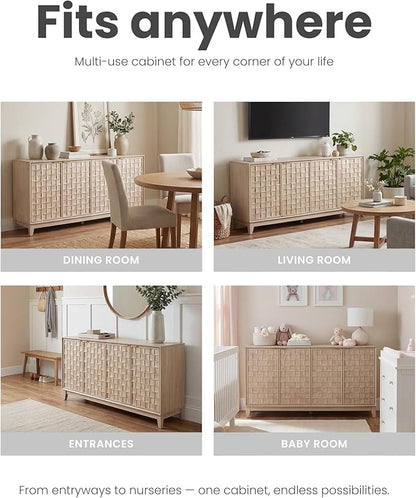 MALOL Sideboard Buffet Cabinet with Storage, Modern 4-Door Buffet Table with 3D Checkerboard Doors & Solid Wood Legs, Large Coffee Bar Cabinet for Dining Room, Living Room, Entryway, Oak