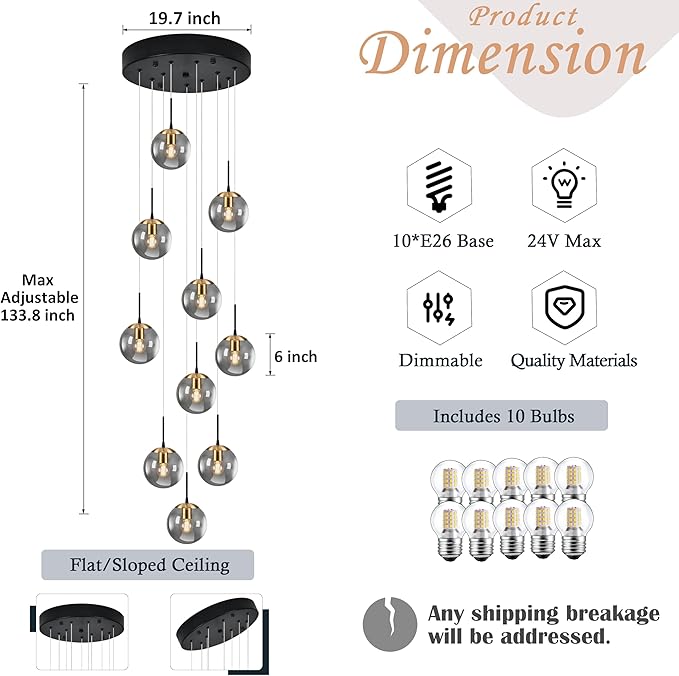 KoKo&Yukina Gold 10-Light Chandelier Modern Stairwell Lighting Adjustable Globe Cluster Lights with Grey Glass for Staircase
