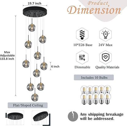 KoKo&Yukina Gold 10-Light Chandelier Modern Stairwell Lighting Adjustable Globe Cluster Lights with Grey Glass for Staircase