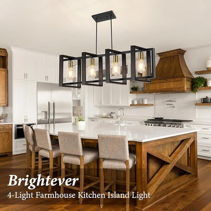 4-Light Dining Room Light Fixture, 53’’ Farmhouse Wood Chandelier Kitchen Island Lighting Over Table, Modern Black Gold Rectangular Hanging Pendant Light Fixture for Living Room, E26 Sockets