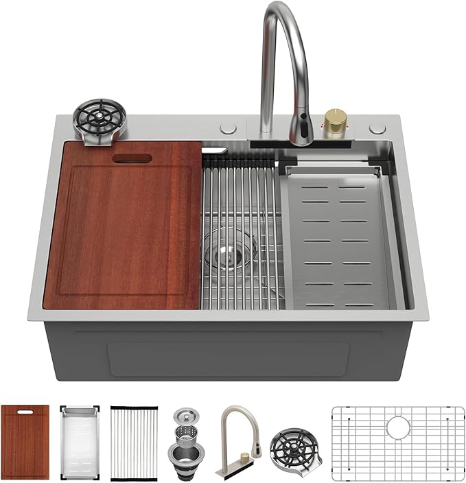 Sarlai 28 Inch Waterfall Kitchen Sink Drop In - 28x22 Waterfall Drop Workstation Stainless Steel 16 Gauge Multifunction Single Bowl Smart Top Mount Kitchen Sink with Faucet Combo