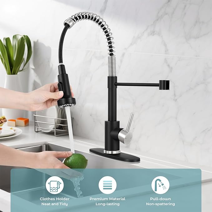 Kitchen Faucet with Pull Down Sprayer,Commercial Single Handle Stainless Steel Kitchen Faucets with Deck Plate (Black&Brush Nickel)