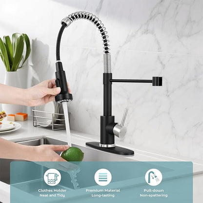 Kitchen Faucet with Pull Down Sprayer,Commercial Single Handle Stainless Steel Kitchen Faucets with Deck Plate (Black&Brush Nickel)