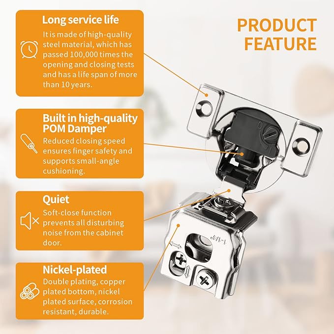 Chibery 10 Pack 1-1/4" 4D Overlay Soft Close Concealed Hinges for Face Frame Door, Control Closing Speed, Smooth Slow Self Close Hinges, Satin Nickel, 105° Open Angle Stainless Steel Cabinet Hinges