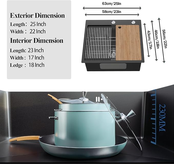 Black Kitchen Sink Workstation, 25x22 Inch Stainless Steel Drop In Modern Large Single Bowl Workstation Sink Accessory Combo-SS Grid,Drying Rack,Cutting Board,Soap Dispenser, Drain Strainer Set