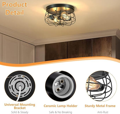 Lomoky 2-Light Farmhouse Ceiling Light Fixtures, Industrial Hallway Light, Vintage Black Metal Cage Ceiling Lamp for Living Room, Kitchen, Bedroom
