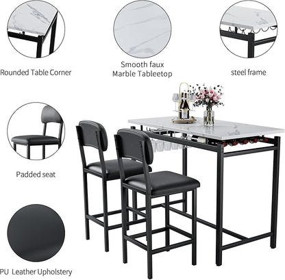 Modern Bar Height Table and Chairs Set - Compact Bar Table and Chairs for 2, Perfect as Small Kitchen Table, Kitchen Island with Seating, or Dining Table with Chairs (Black)