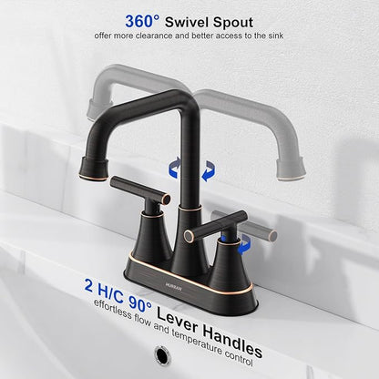 Bathroom Sink Faucet, Hurran 4 inch Oil Rubbed Bronze Bathroom Faucets for Sink 3 Hole with Pop-up Drain and Supply Hoses, 2-Handle Centerset Faucet for Vanity RV Farmhouse, 2 Pack