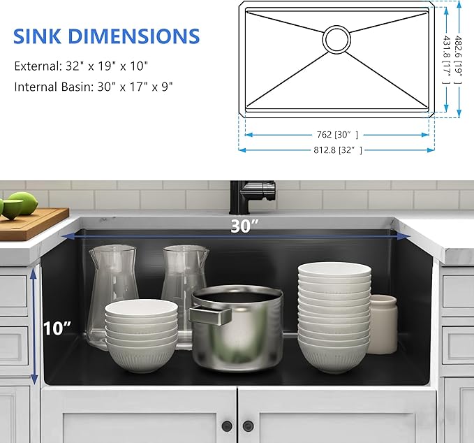 32 Inch Black Undermount Kitchen Sink,16 Gauge 304 Stainless Steel Kitchen Sink Single Bowl, 32"x19"x10" Undermount Sink Ledge Workstation Sinks With All Accessories, Large and Deep Sink