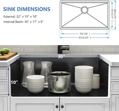 32 Inch Black Undermount Kitchen Sink,16 Gauge 304 Stainless Steel Kitchen Sink Single Bowl, 32"x19"x10" Undermount Sink Ledge Workstation Sinks With All Accessories, Large and Deep Sink