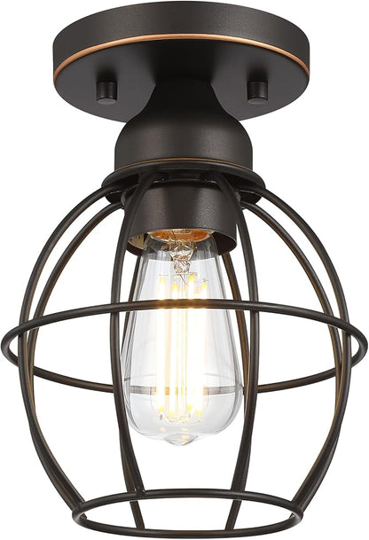 Farmhouse Ceiling Light Fixture, Vintage Semi Flush Mount Ceiling Light, Small Metal Cage Lighting Lamp for Hallway Entryway Kitchen Porch, Oil Rubbed Bronze Finish, 1-Pack
