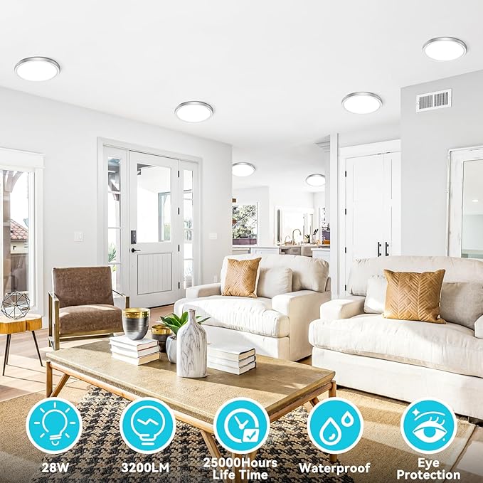 Libtit 7 Inch Nickel Brushed Flush Mount Ceiling Light, 15W, 6 Pack, 3000K/4000K/6500K Color Selectable, Ultra-Thin Round Ceiling Lighting Fixture for Bedroom, Kitchen, Pantry