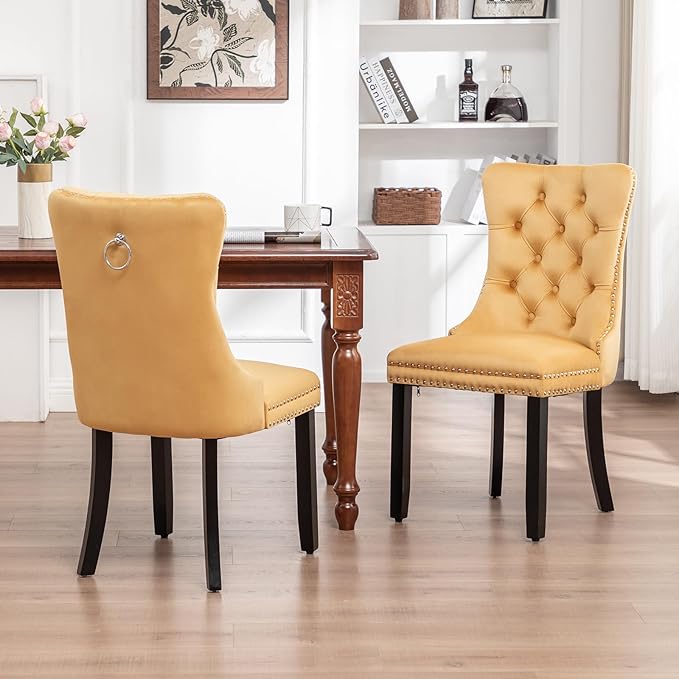 Eifizek Velvet Dining Chairs Set of 6, Tufted Dining Room Chairs with Nailhead Ring Pull Trim, Upholstered Dining Chairs with Solid Wood Legs for Kitchen Dining Room (Gold)