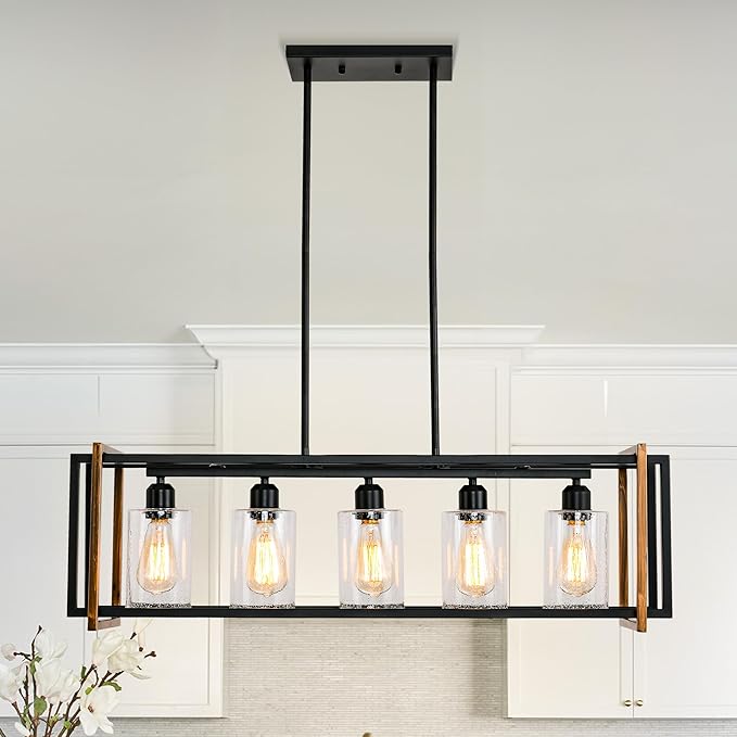Dining Room Light Fixture, 5-Light Black Chandeliers for Dining Room, Farmhouse Kitchen Island Lighting, Pendant Lights Kitchen Island, Dining Room Chandelier Over Table, with Glass Shade, E26 Socket