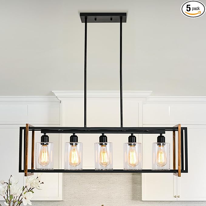 5-Light Black and Bronze Kitchen Island Lighting, Farmhouse Dining Room Light Fixtures Over Table, Linear Chandelier for Dining Room, Pool Table Pendant Light with Seeded Glass Shade