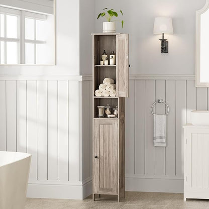 Homleke Tall Bathroom Storage Cabinet with 2 Doors, 67"H Narrow Storage Cabinet with Adjustable Shelves& Anti-Tip Design, Reversible Door Installation, Easy Assembly, 11.8 x 11.8 x 66.9 Inches, Greige