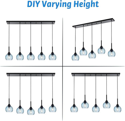 5 Light Island Lighting Fixtures Hanging with Blue Striped Swirl Globe Glass, Black Linear Hanging Pendant Light Fixture Farmhouse Chandelier for Dining Room Bar Living Room
