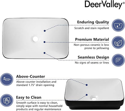 DeerValley Black and White Contrast Rectangle Vessel Sink 18.9x11.61 Inch, Semi-Recessed Ceramic Bathroom Basin with Modern Two-Tone Design