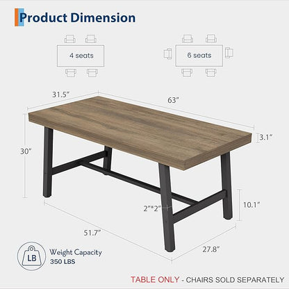 GarveeHome 63 Inch Small Space Dining Table for 4-6 People, Rectangular Kitchen Table for Apartment & Dining Room, Heavy Duty Metal Frame, Rustic Pear, Multipurpose Work Table