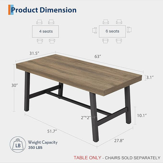 GarveeHome 63 Inch Small Space Dining Table for 4-6 People, Rectangular Kitchen Table for Apartment & Dining Room, Heavy Duty Metal Frame, Rustic Pear, Multipurpose Work Table