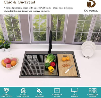 33x22 Black Drop In Kitchen Sink, Delironexu 16 Gauge 304 PVD Black Stainless Steel Single Bowl Top Mount Kitchen Sink, 33 Inch Black Kitchen Sink Workstation with 6 Accessories