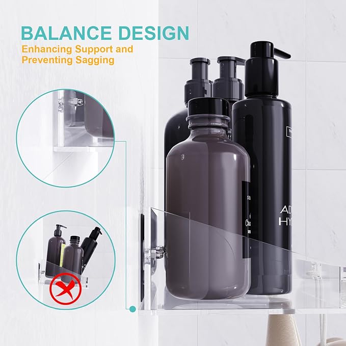 Bakzon Adhesive Shower Caddy, 5 Pack Acrylic Shower Shelves Bath Organizers With Large Capacity, No Drilling Shelves for Bathroom Storage