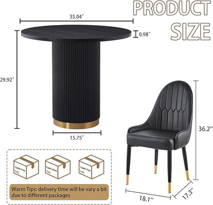 Round Dining Table Set for 4, 35.04" Modern Farmhouse Dining Table and 4 Leather Dining Chair, Small Circle Kitchen Tables with Wood & Gold Stainless Steel Base for Living Room, Kitchen, Black