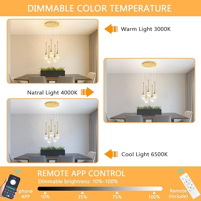 Crystal Chandelier for Dining Room Glam 5 Light Cluster Crystal Pendant Light Dimmable LED Chandeliers for Kitchen Island Living Room Gold