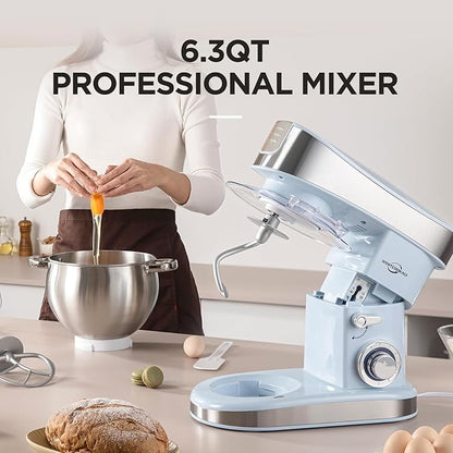 Stand Food Mixer, 6.3 Qt Stand Mixer, 400W 6-Speed with Pulse Tilt-Head, Kitchen Electric Mixer with Stainless Steel Bowl, Dough Hook, Whisk, Beater, Household Stand Mixer for Baking, Blue