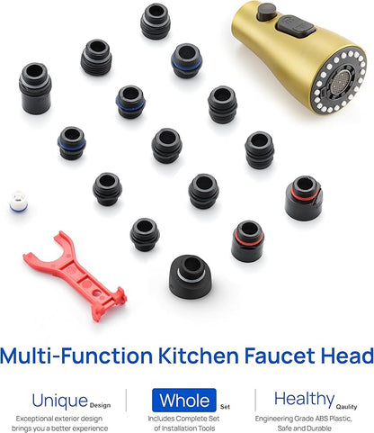 J-HVA Pull Down Kitchen Faucet Sprayer Head Replacement Part, 3 Function Pull Out Sink Sprayer Replacement Nozzle, Kitchen Faucet Head Hose Spray Tap Spout, 15 adapters, Brushed Gold