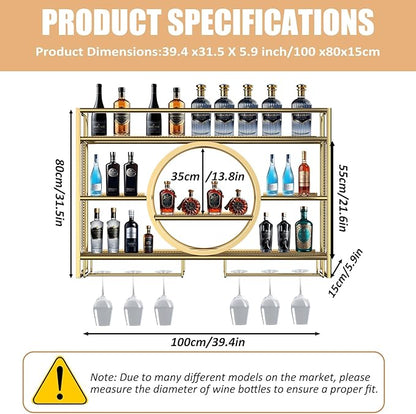 Metal Wine Rack Wall Mounted with LED Light, 3-Tier Bar Liquor Shelf with Wine Glass Holder, Modern Large Capacity Liquor Bottle Display Storage Shelf for Home Bar, Dining Room(Gold, 100 * 80 * 15)