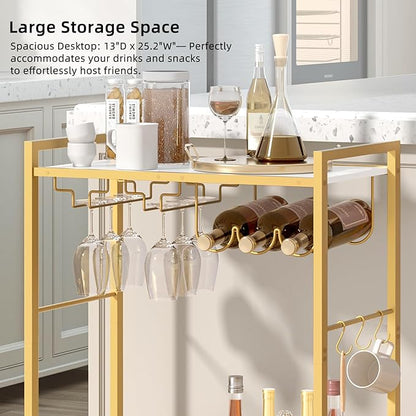 Joaxswe Bar Cart, Home Bar Serving Cart with 2-Tier Shelf,Rolling Beverage Cart with Wheels,Mobile Kitchen Shelf,Modern Wine Drink Cart with Wine Rack and Glass Holder for Kitchen,Dinning Room,Gold