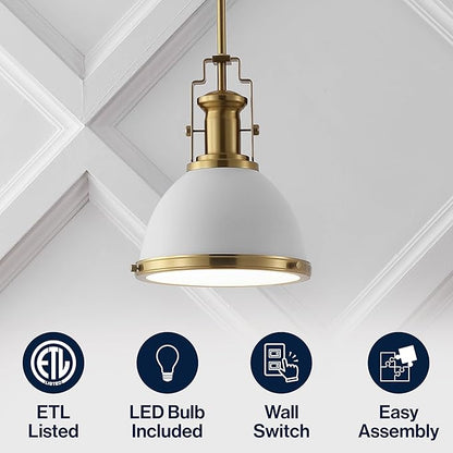 JONATHAN Y 10" Brass Gold/White Modern Industrial Iron LED Dome Pendant Light, Adjustable Hanging Fixture for Kitchen Island or Entryway, Black Metal Shade, LED Bulb Included (JYL9535D)