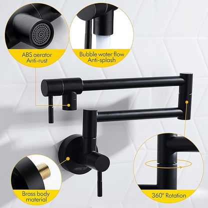 Fransiton Matte Black Pot Filler, Pot Filler Faucet Wall Mount, Brass Folding Stretchable with Double Joint Swing Arm Single Hole Two Handles Kitchen Restaurant