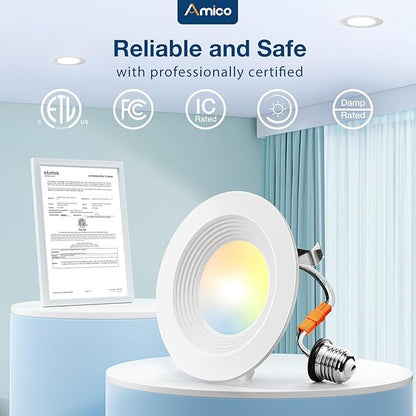 Amico 4 Inch 5CCT LED Recessed Lighting 12 Pack, Dimmable, Damp Rated, 9W=60W, Can Lights with Baffle Trim, Retrofit Installation, ETL&FCC, White