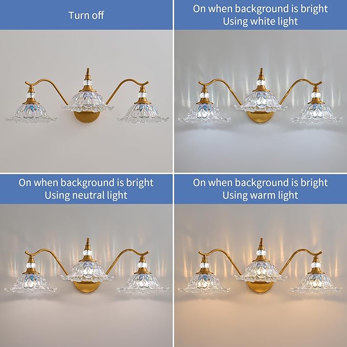 Vintage Bathroom Vanity Light Fixtures - 3 Light Iridescent Flower Glass Antique Brass Bathroom Lights Fixture Over Mirror,Retro Brushed Gold Bronze Wall-Mounted Vanity Lighting for Powder Room