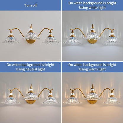 Vintage Bathroom Vanity Light Fixtures - 3 Light Iridescent Flower Glass Antique Brass Bathroom Lights Fixture Over Mirror,Retro Brushed Gold Bronze Wall-Mounted Vanity Lighting for Powder Room