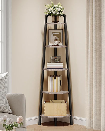 CHOEZON Corner Shelf, 5-Tier Ladder Corner Shelf, Ladder Bookshelf, 59.6" Tall Vertical Display Stand, Metal Frame Bookshelf, for Living Room, Bedroom, Kitchen, Greige and Black TCJ20BG