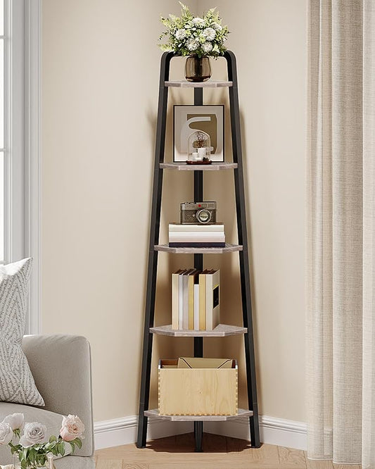 CHOEZON Corner Shelf, 5-Tier Ladder Corner Shelf, Ladder Bookshelf, 59.6" Tall Vertical Display Stand, Metal Frame Bookshelf, for Living Room, Bedroom, Kitchen, Greige and Black TCJ20BG