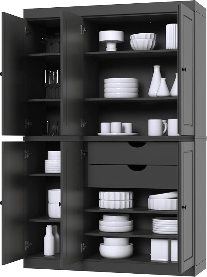 Palace Imports Solid Wood Kitchen Pantry Cabinet - 71.5" Tall x 48.5" Wide - Freestanding Storage Pantry w/ 2-Drawer Kit & Adjustable Shelves - Gray, Renewable Eco-Friendly 100% Wood, Made in Brazil