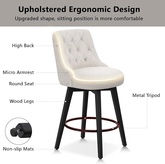 Vipbear Swivel Bar Stools Set of 2, Updated Thickened Upholstered Fabric Counter Height Barstools with Backs, Solid Wood Legs, 26" Modern Bar Height Stools for Kitchen Island, Dining Room, Dark Beige