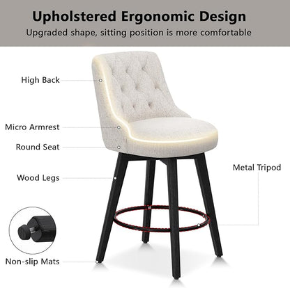 Vipbear Swivel Bar Stools Set of 2, Updated Thickened Upholstered Fabric Counter Height Barstools with Backs, Solid Wood Legs, 26" Modern Bar Height Stools for Kitchen Island, Dining Room, Dark Beige