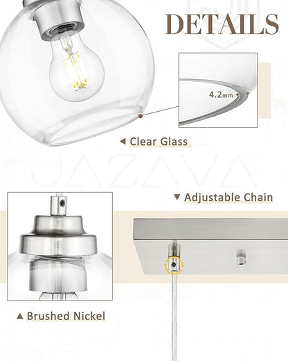 3-Light Globe Island Light, Linear Chandelier with Brushed Nickel Finish, Clear Glass Pendant Light Fixture for Dining Room Kitchen Island Living Room Pool Table, ZCPL101BN-3S