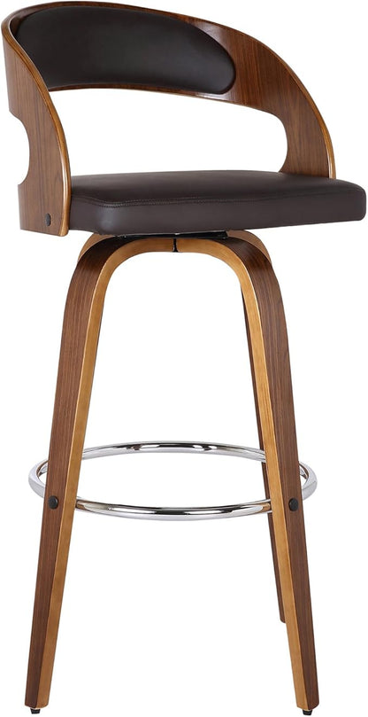 Armen Living Shelly 26" Seat Height Mid Century Modern Swivel Bar Stool for Kitchen Island Counter in Brown Faux Leather and Walnut Wood