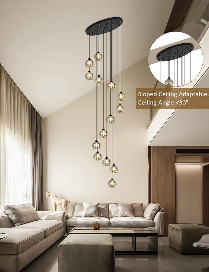 Weesalife Crystal Chandeliers for Staircases, 14-Light Black Modern Chandeliers for High Ceilings，Crystal Pendant Light Fixture for Living Room Kitchen Island Foyer Hallway Bar