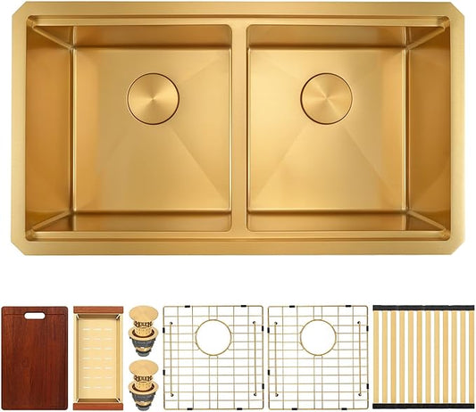 Double Bowl Kitchen Sink 30" X 18",Gold Kitchen Sink Undermount,16 Gauge Stainless Steel Double Bowl Sinks with Workstation