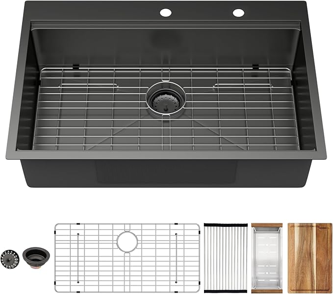 33x22 Black Drop In Kitchen Sink Workstation 16 Gauge Stainless Steel Single Bowl Drop Kitchen Sinks Nano PVD Gunmetal Black Handmade Large Deep Topmount Sinks, 33x22x9 Inch
