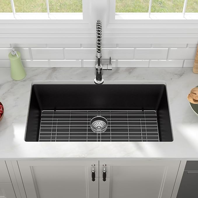 33"x19" Inch Granite Composite Kitchen Sink Matte Black Quartz Undermount Contemporary Single Bowl Kitchen Deep Sink Basin