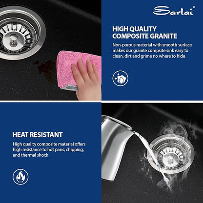 Sarlai Waterfall Kitchen Sink - Granite Composite Black Kitchen Sink 33 Inch Drop In Topmount Workstation Granite Matte Black Quartz Single Bowl Multifunction Sinks with Waterfall
